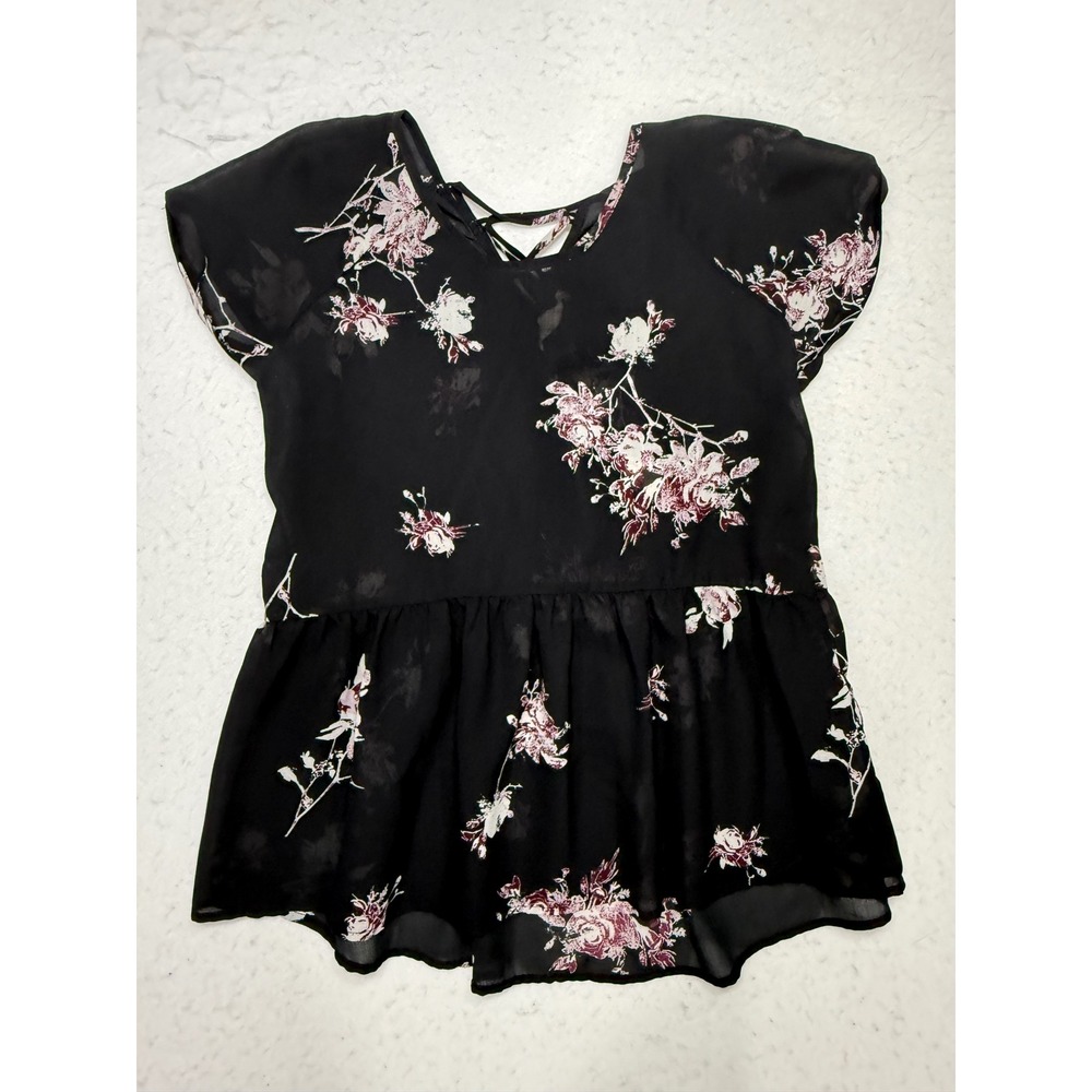 Womens Black Floral Chiffon Peplum Top Lace Up Back Short Sleeve Blouse